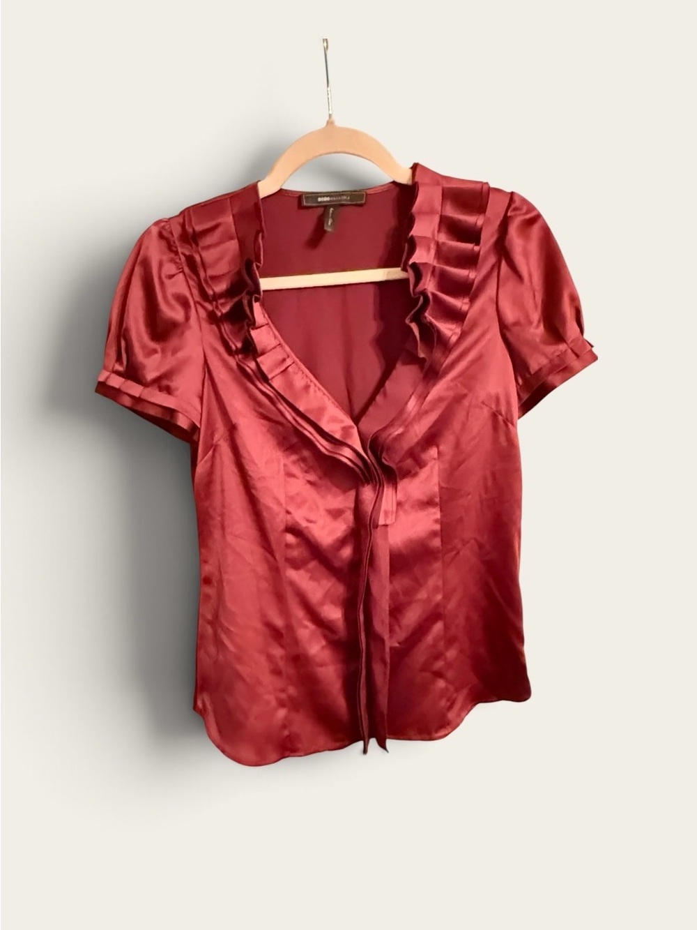 BCBGMaxAzria Satin Tie-Neck Blouse in Deep Red